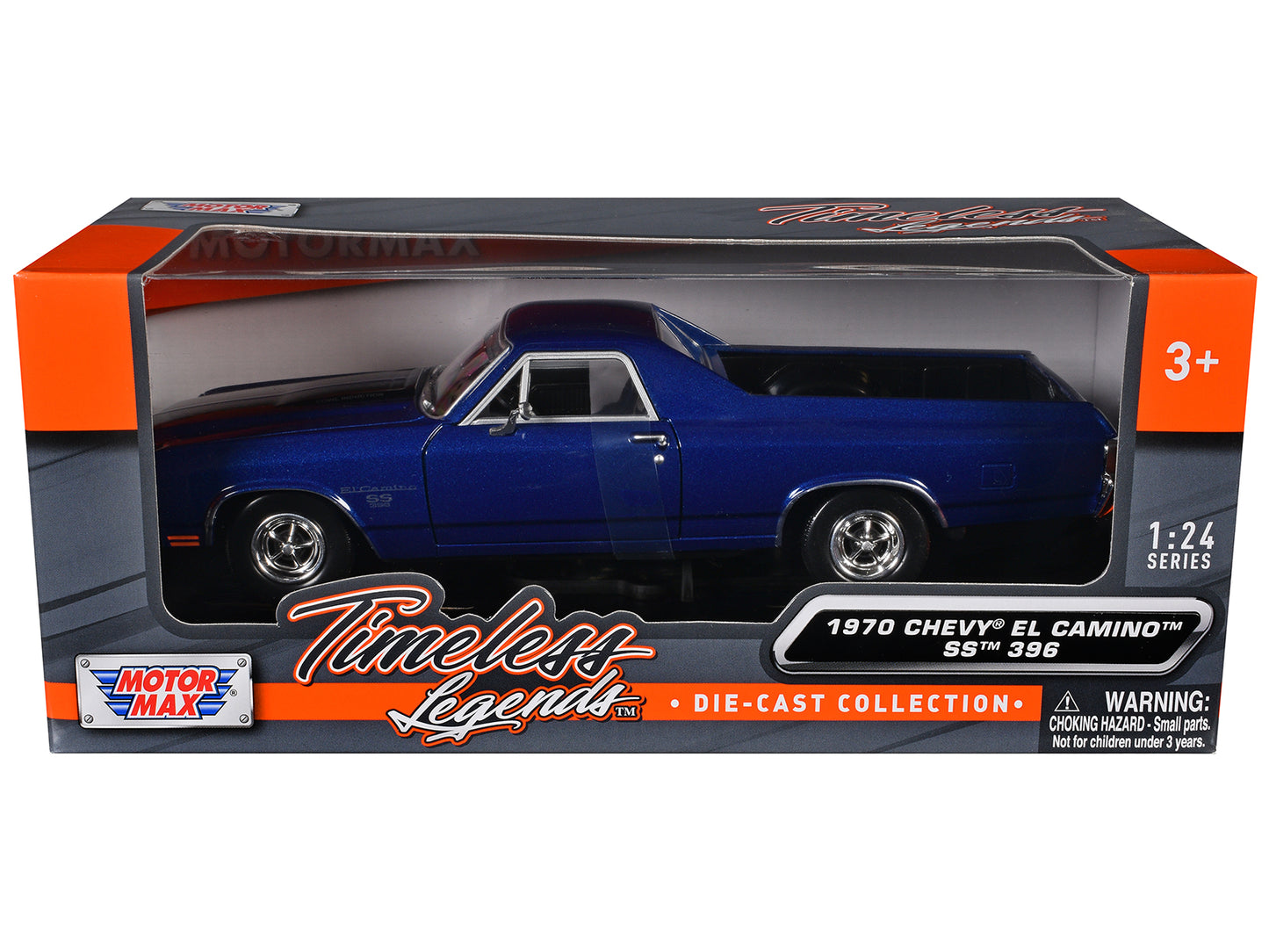 1970 Chevrolet El Camino SS 396 Dark Blue Metallic with Black Stripes 1/24 Diecast Model Car by Motormax