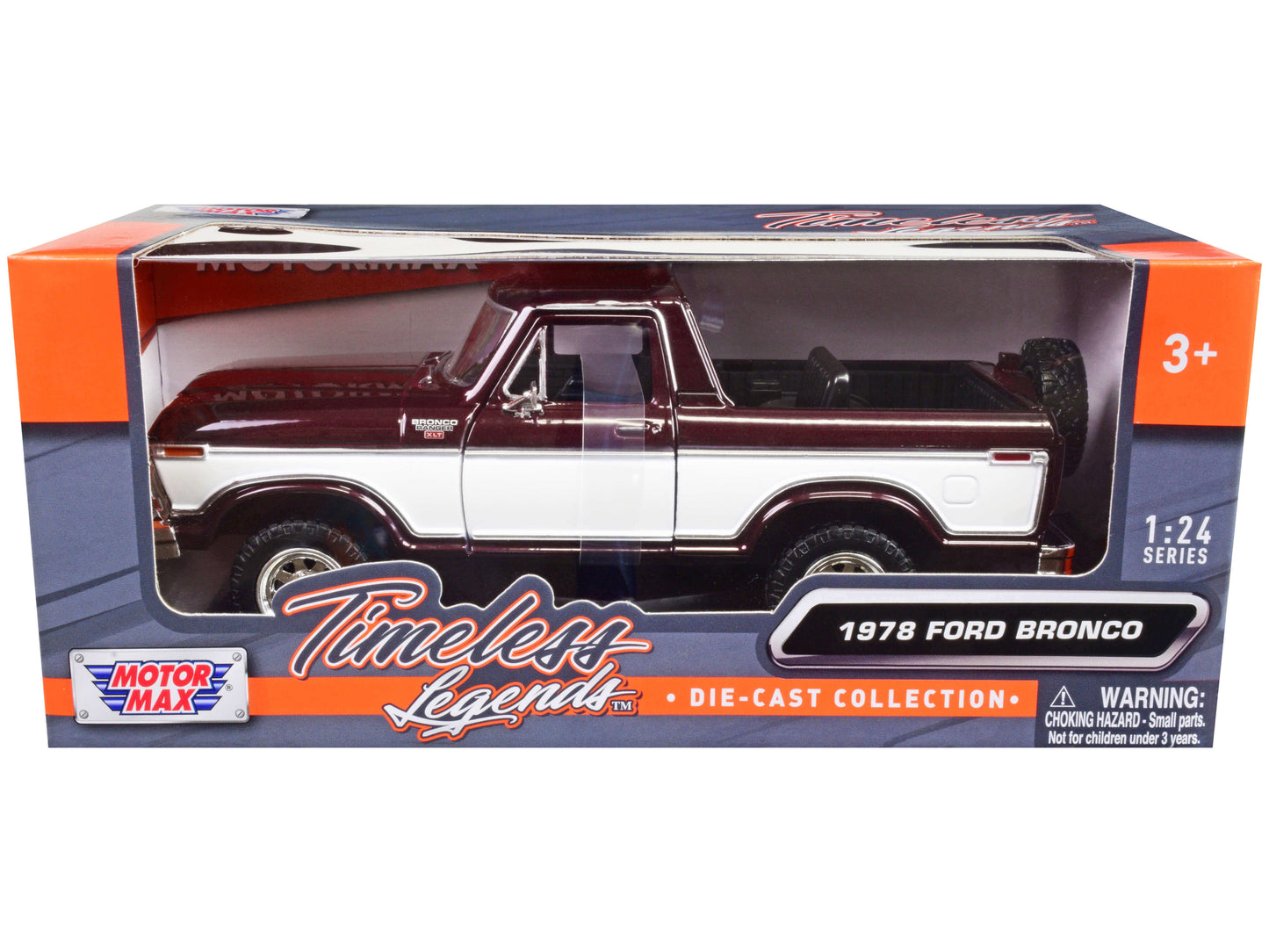 1978 Ford Bronco Ranger XLT (Open Top) with Spare Tire Burgundy Metallic and White "Timeless Legends" Series 1/24 Diecast Model Car by Motormax <h2>1978 Motormax</h2> <p>High-quality perfect for colle