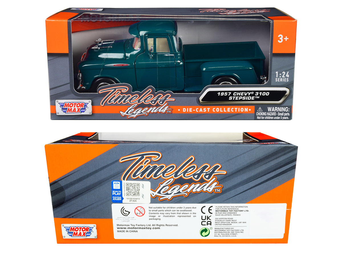 1957 Chevrolet 3100 Stepside Pickup Truck Teal 1/24 Diecast Model - Motormax