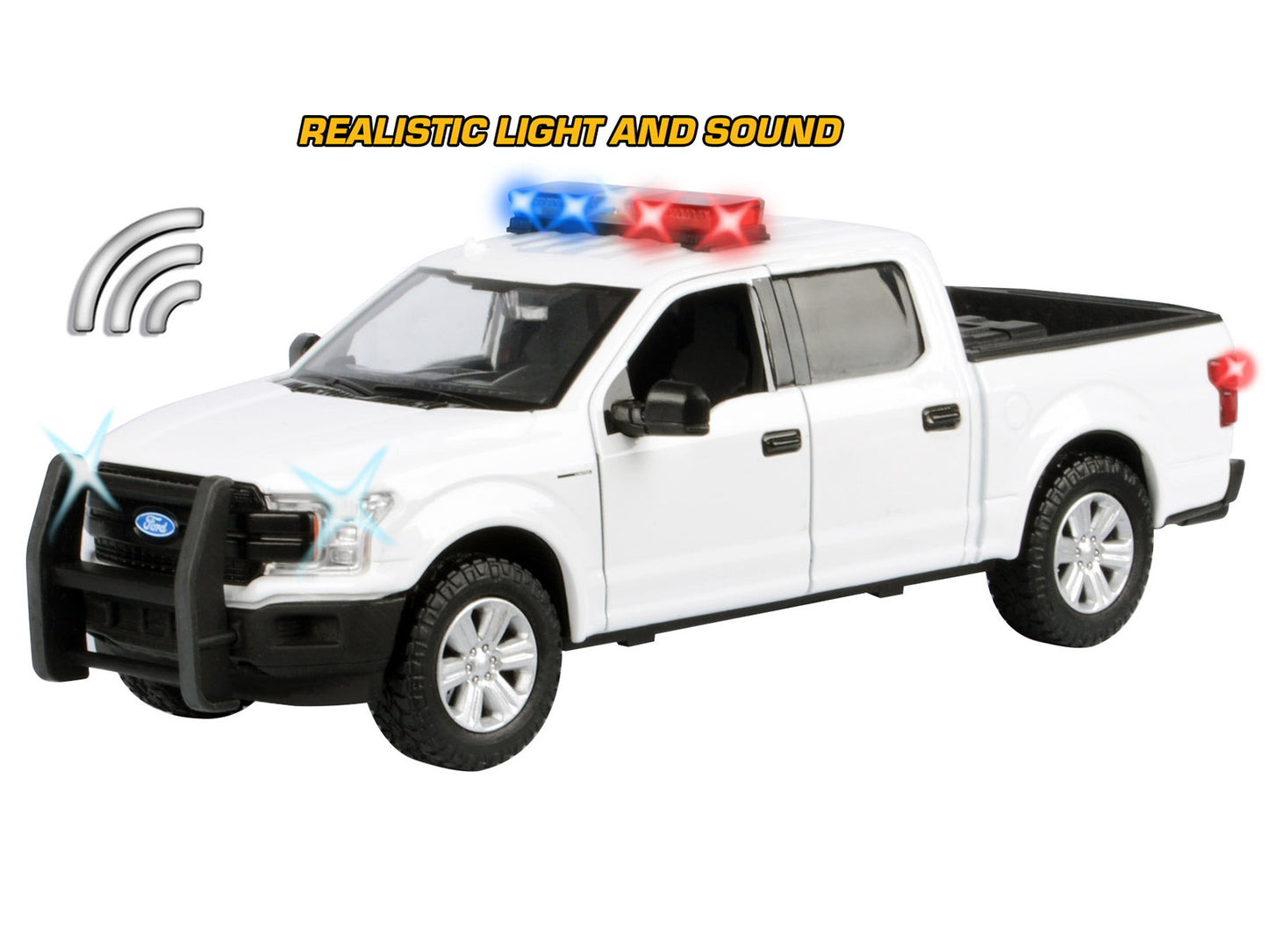2019 Ford F-150 Lariat Crew Cab Pickup Truck White with Flashing Light Bar and Front Rear Lights Sounds 1/27 Diecast Model Car by Motormax <h2>2019 Motormax</h2> <p>High-quality perfect for collectors