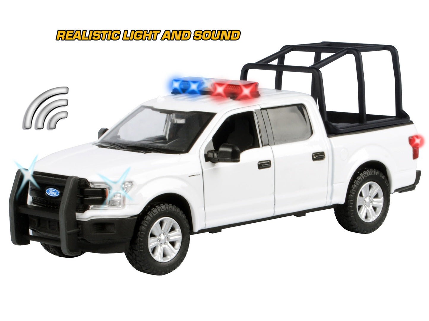 2019 Ford F-150 Lariat Crew Cab Pickup Truck with Bed Cage White with Flashing Light Bar and Front and Rear Lights and Sounds 1/27 T&y Diecast Model Car by Motormax