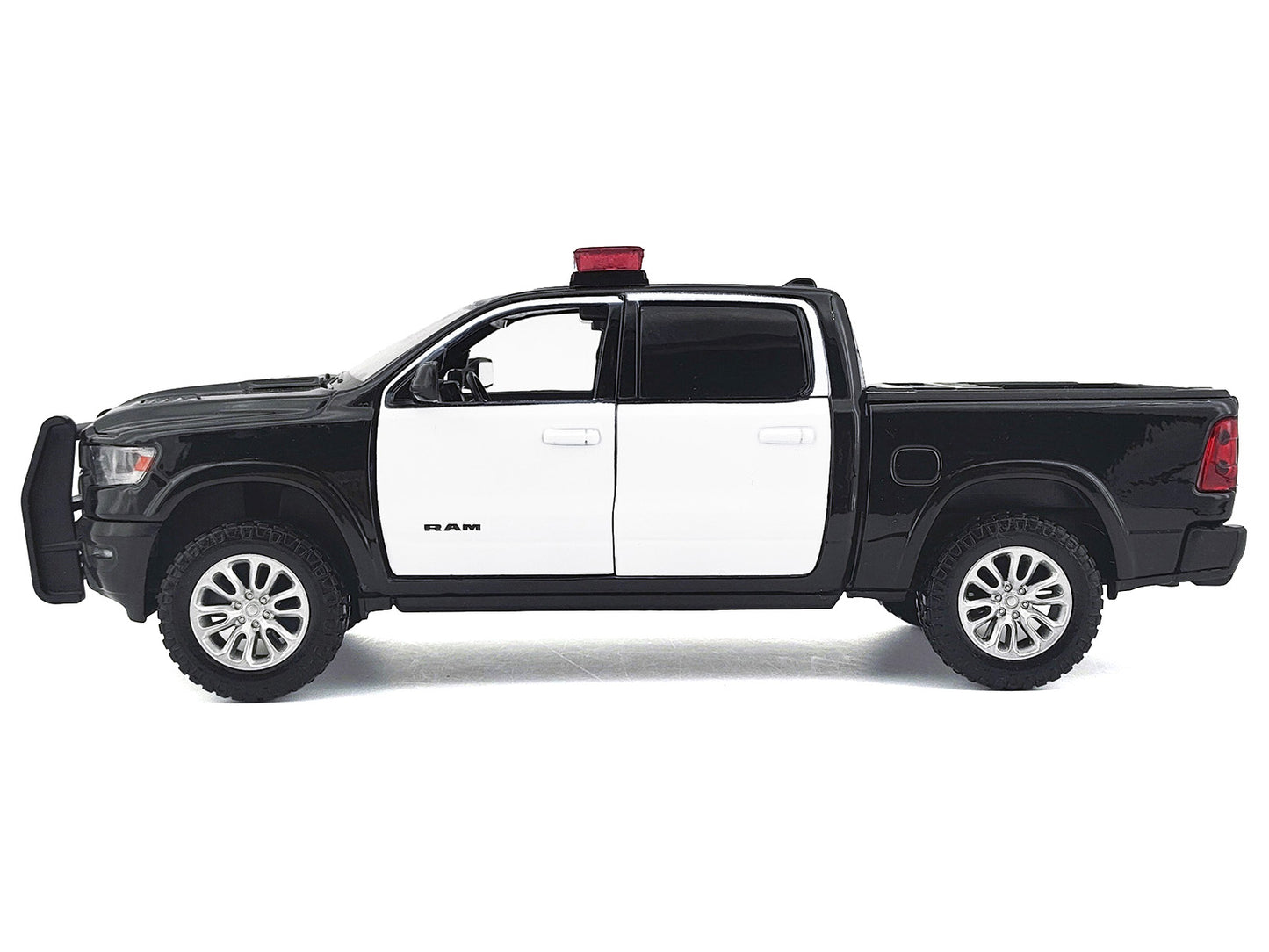 2019 RAM 1500 Laramie Crew Cab Pickup Truck Black and White with Flashing Light Bar and Front and Rear Lights and Sounds 1/27 T&y Diecast Model Car by Motormax
