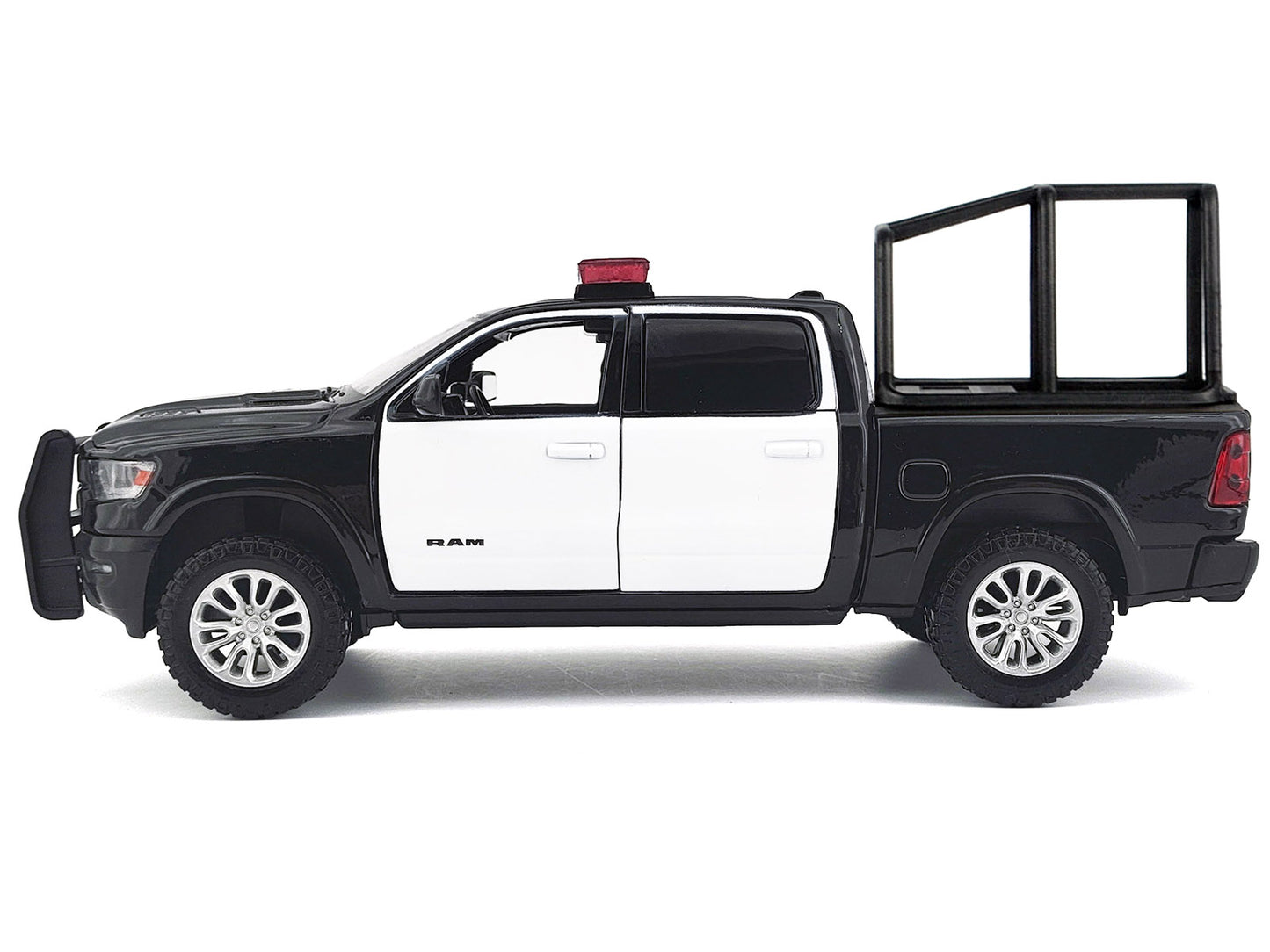 2019 RAM 1500 Laramie Crew Cab Pickup Truck with Bed Cage Black and White with Flashing Light Bar and Front and Rear Lights and Sounds 1/27 T&y Diecast Model Car by Motormax