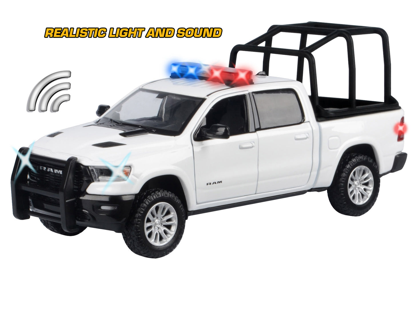 2019 RAM 1500 Laramie Crew Cab Pickup Truck with Bed Cage White with Flashing Light Bar and Front and Rear Lights and Sounds 1/27 T&y Diecast Model Car by Motormax
