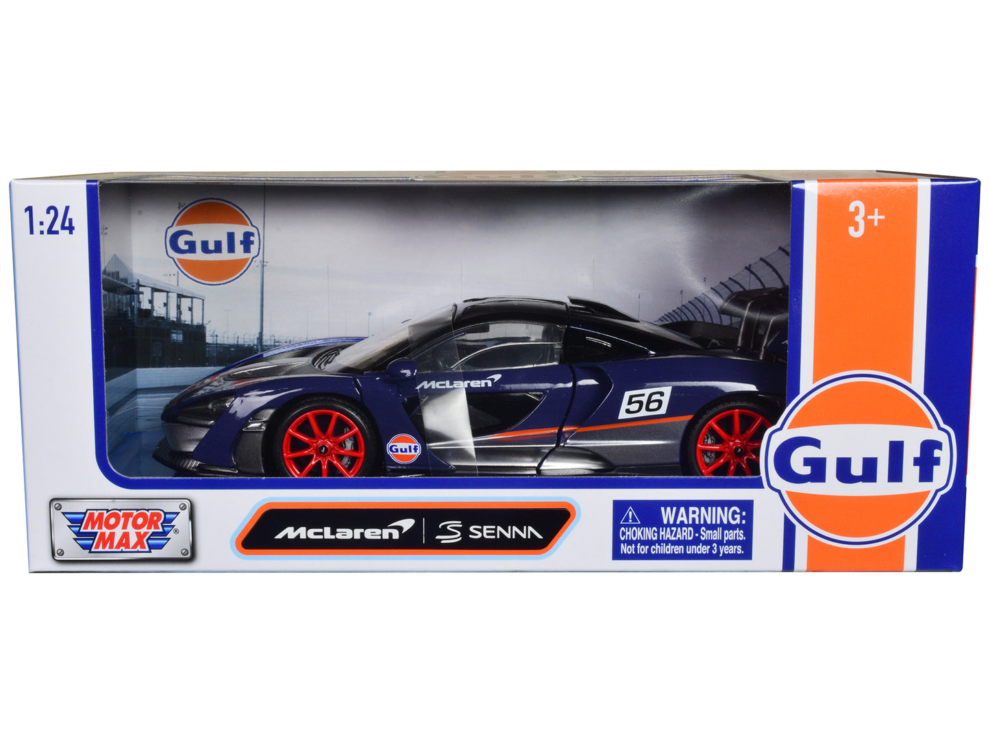 McLaren Senna #56 Dark Blue and Silver with Orange Stripes "Gulf Oil" Die-Cast Collection" 1/24 Diecast Model Car by Motormax <h2>McLaren Motormax</h2> <p>High-quality perfect for collectors enthusias