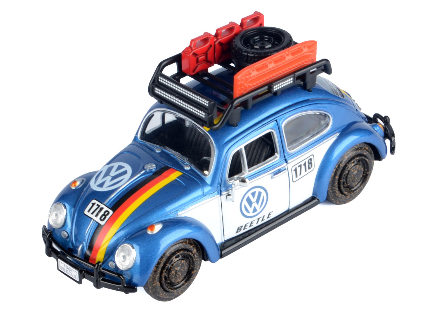 1966 Volkswagen Beetle Off Road #1718 Blue Metallic and White with German Flag Stripes and Roof Rack Accessories 1/24 Diecast Model Car by Motormax