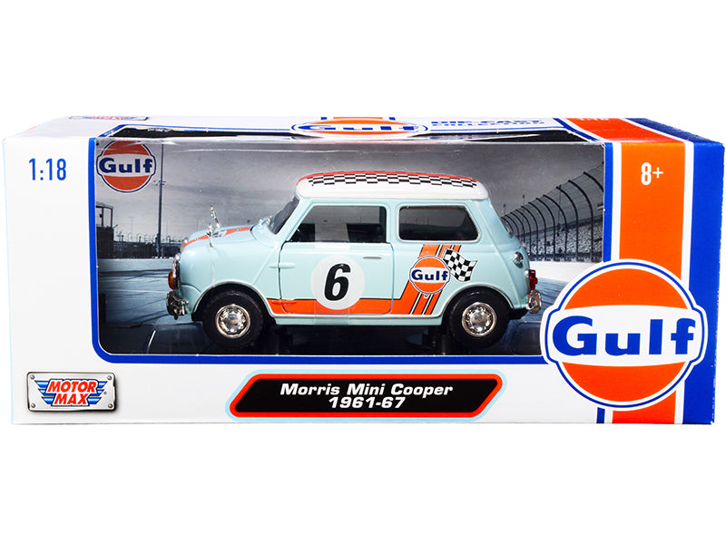 1961-1967 Morris Mini Cooper RHD (Right Hand Drive) #6 "Gulf Oil" Light Blue with Orange Stripes and Checkered Top "City Classics" Series 1/18 Diecast Model Car by Motormax <h2>1961-1967 Motormax</h2>