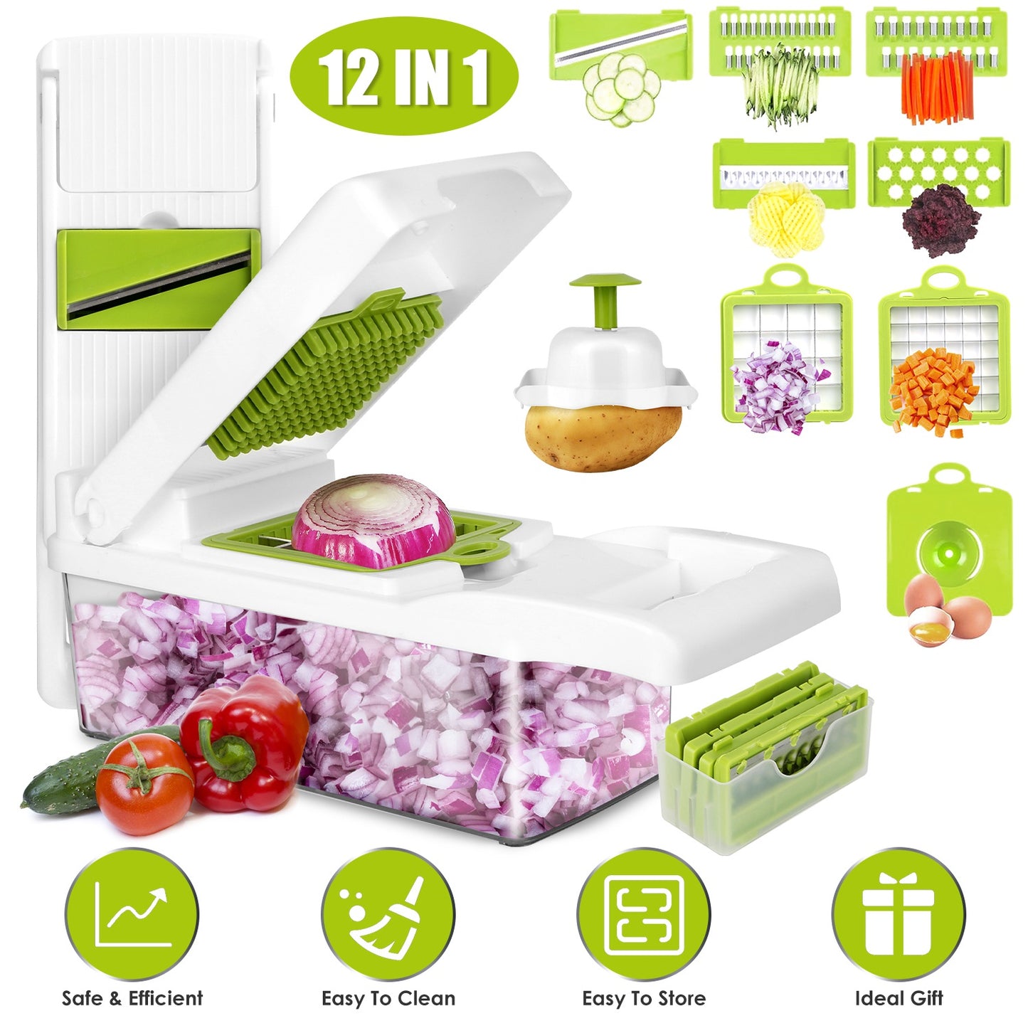 12 In 1 Vegetable Chopper With Container Kitchen Food Slicer Dicer Grater Peele