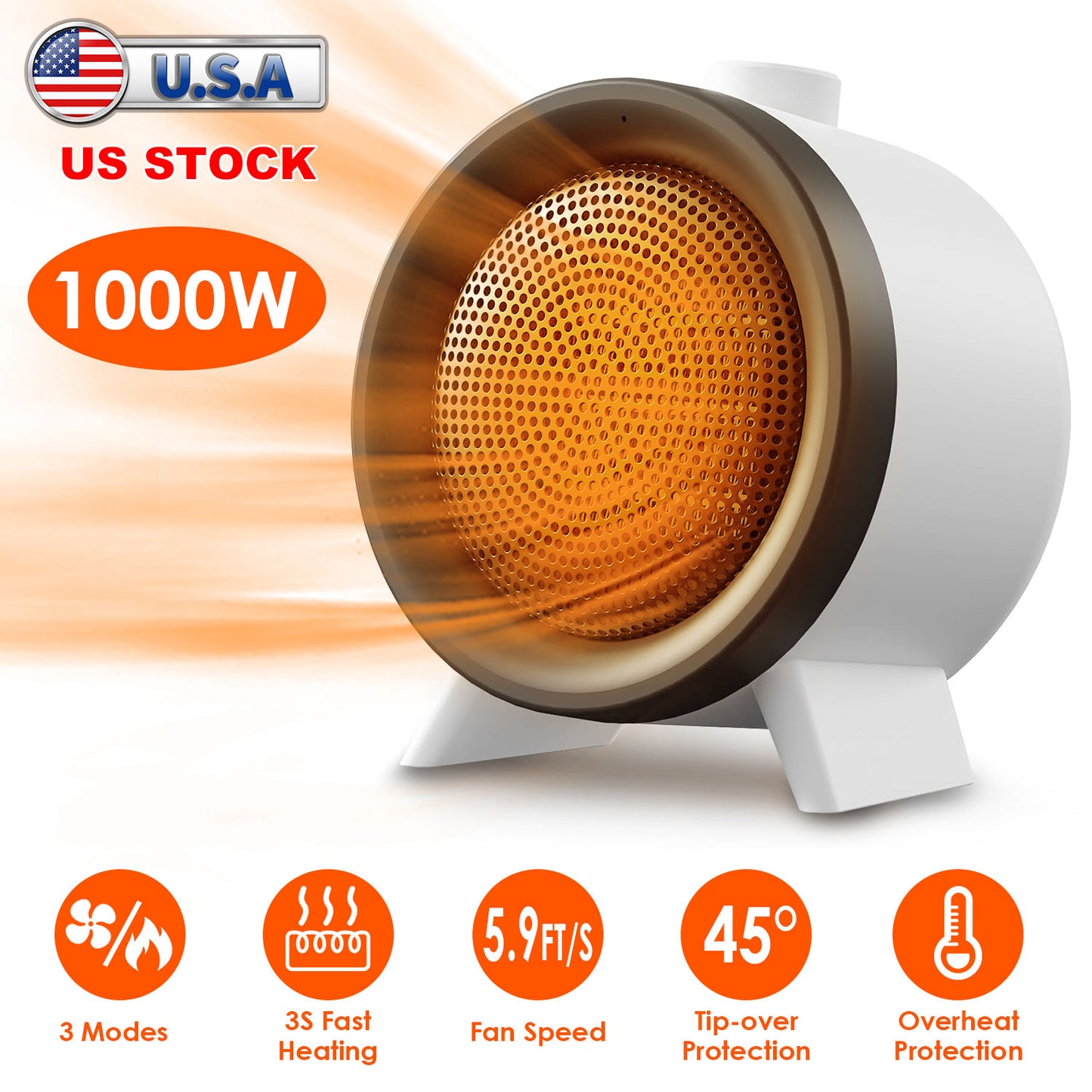 1000W Electric Space Heater Ceramic Fan Heating With 3 Modes 3S Tip-Over Ov