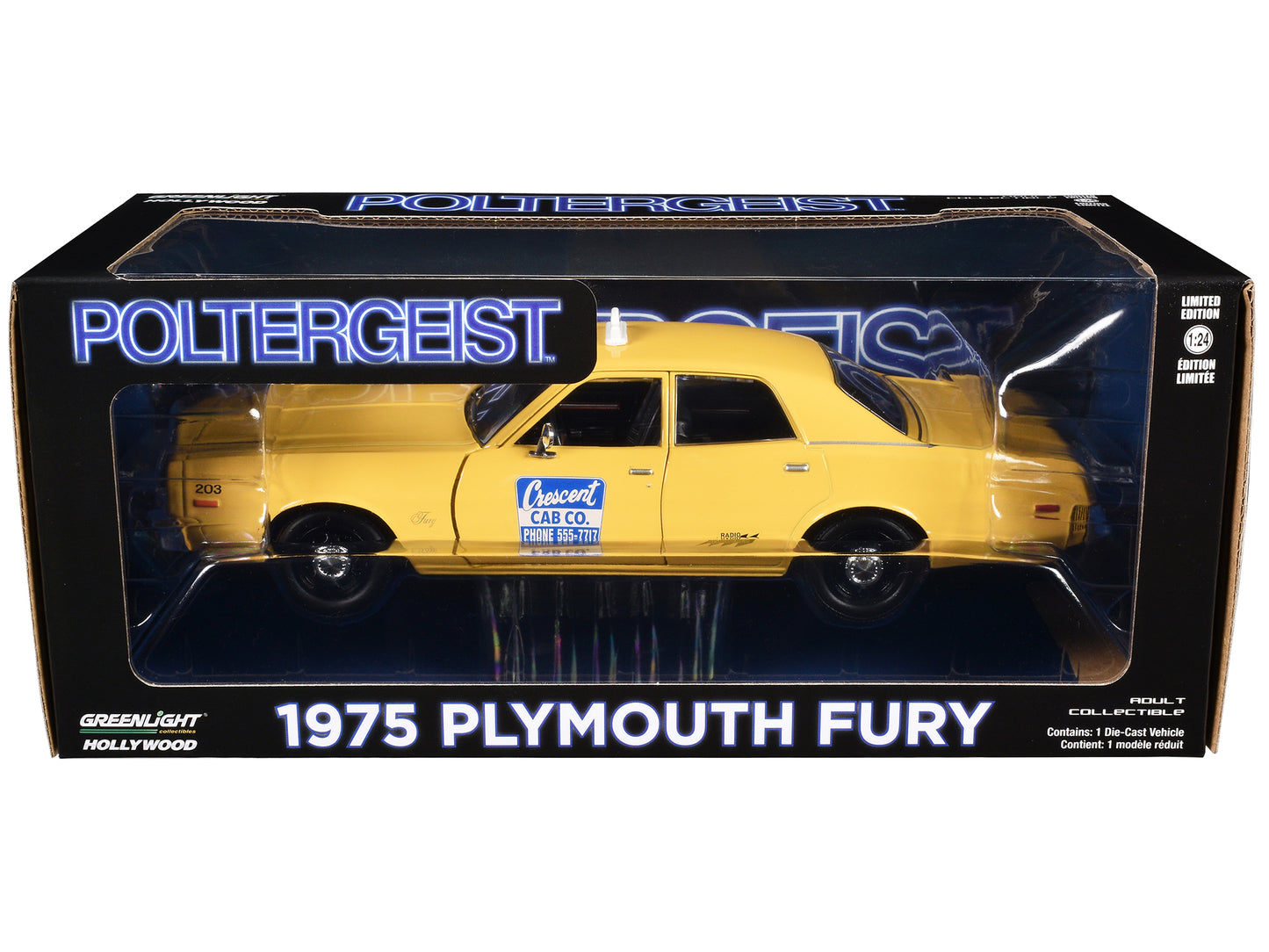 GreenLight 1975 Plymouth Fury Taxi "Crescent Cab Co." Yellow "Poltergeist" (1982) Movie "Hollywood" Series 20 1/24 Diecast Model Car by <h2>1975 Greenlight</h2> <p>High-quality perfect for collectors