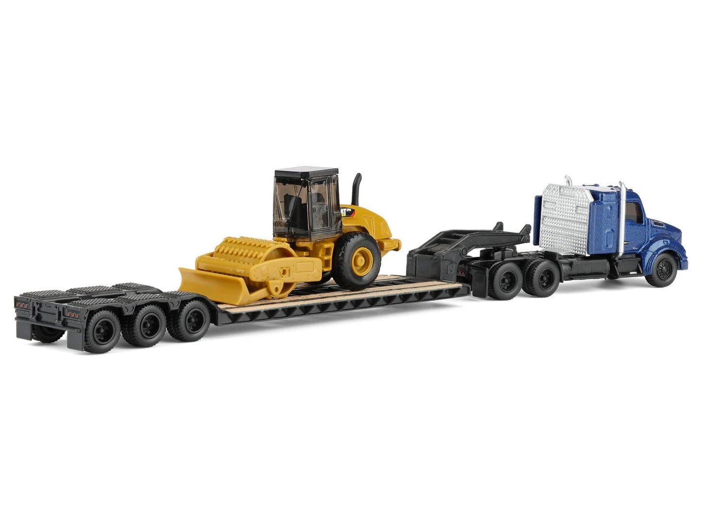 Kenworth T880 Tractor Blue Metallic with Lowboy Trailer and CAT Padfoot Roller Yellow 1/87 (HO) Diecast Model by Diecast Masters