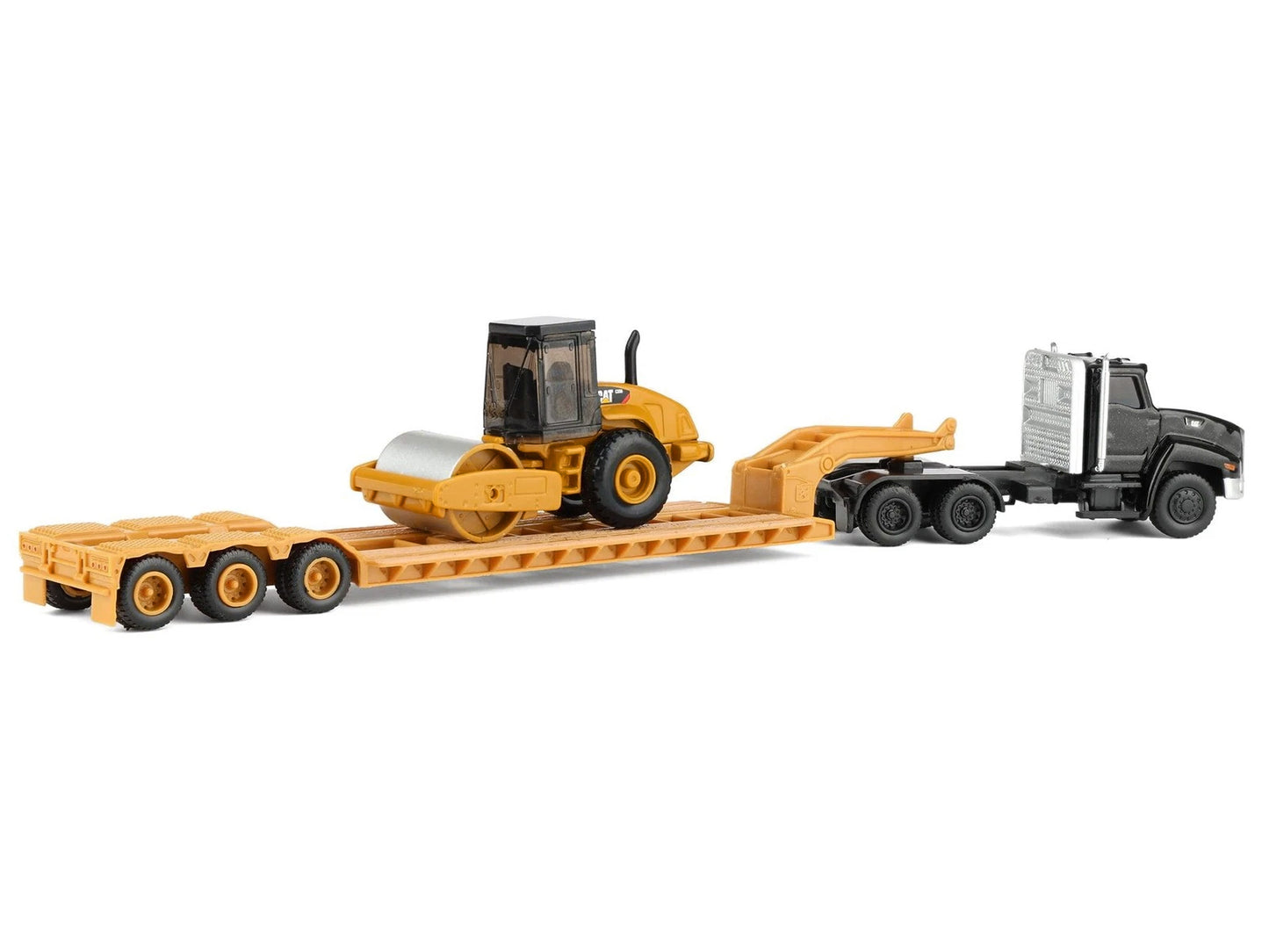 Kenworth T880 Tractor Black with Lowboy Trailer and CAT Roller Yellow 1/87 (HO) Diecast Model by Diecast Masters