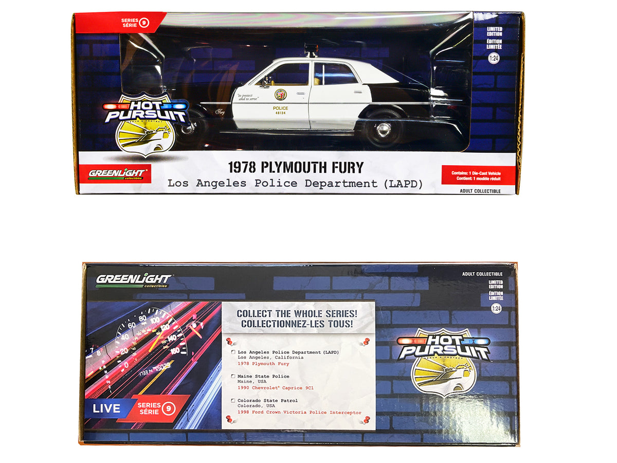 1978 Plymouth Fury Black and White "LAPD (Los Angeles Police Department)" "Hot Pursuit" Series 9 1/24 Diecast Model Car by Greenlight