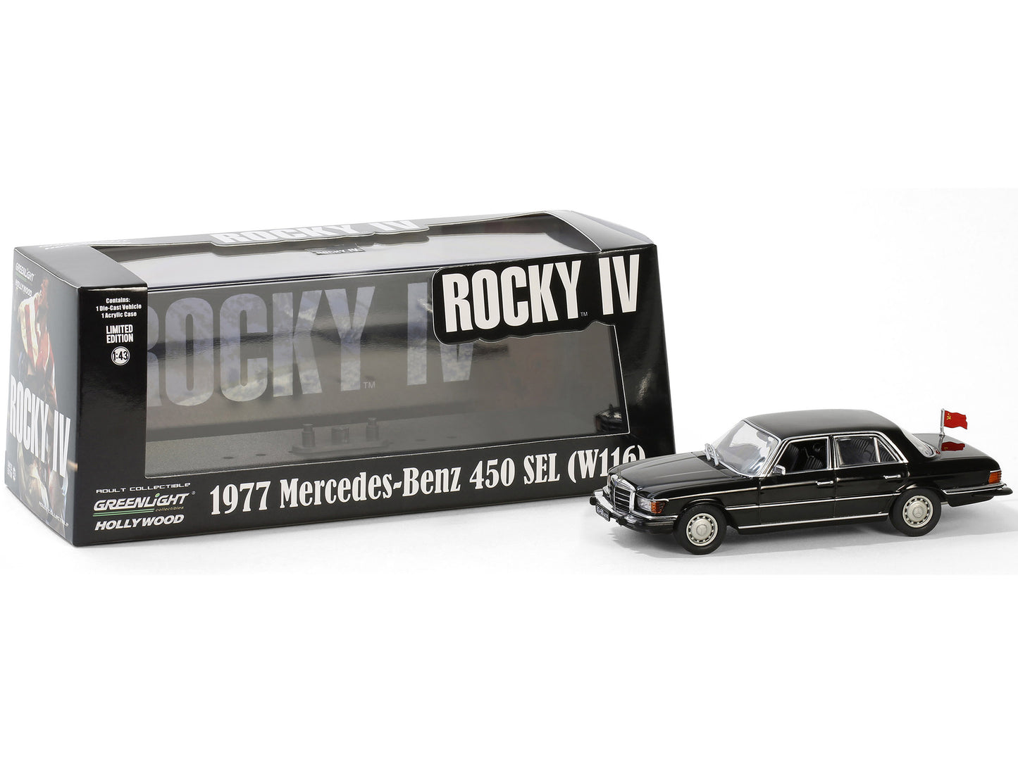 GreenLight 1977 Mercedes-Benz 450 SEL (W116) Black with Soviet Flag "Rocky IV" (1985) Movie 1/43 Diecast Model Car by <h2>1977 Greenlight</h2> <p>High-quality perfect for collectors and enthusiasts. F