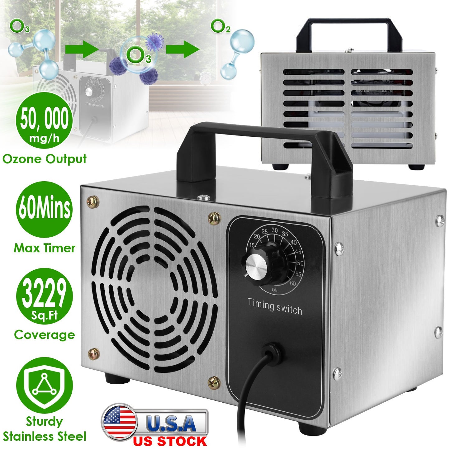 110W 50000Mg/H Ozone Generator Odor Eliminator Ionizer Air Purifier With 60Mins