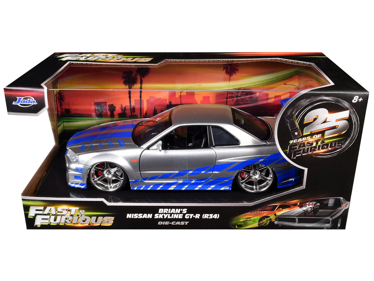 Brian's Nissan GTR Skyline R34 RHD (Right Hand Drive) Silver with Blue Stripes "Fast & Furious 25th Anniversary" 1/24 Diecast Model Car by Jada