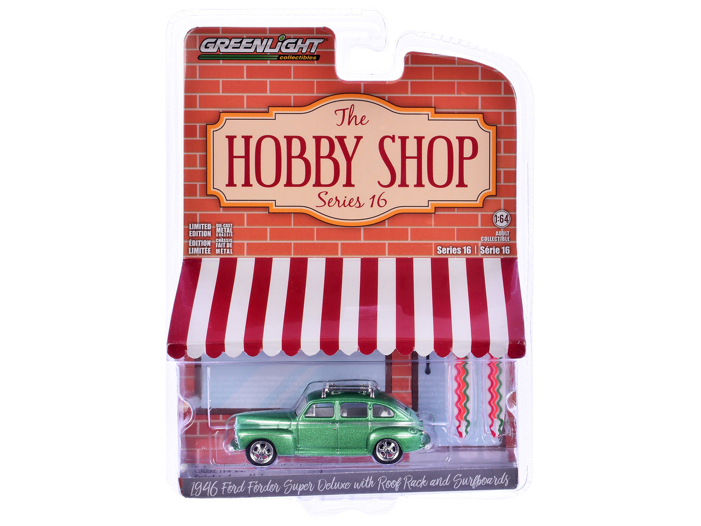 GreenLight 1946 Ford Fordor Super Deluxe Green Metallic with White Interior and Roof Rack Surfboards "The Hobby Shop" Series 16 1/64 Diecast Model Car by <h2>1946 Greenlight</h2> <p>High-quality perfe