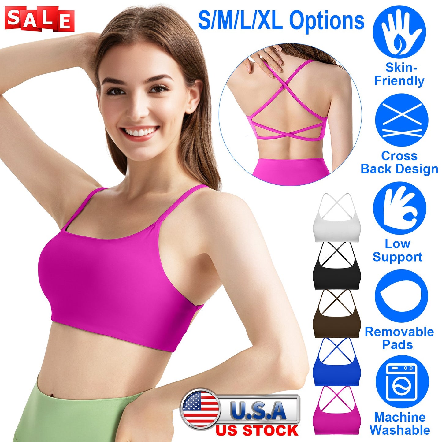 Women Cross Back Sport Bras Padded Strappy Crop Open Low Impact Sexy Fitness Ta