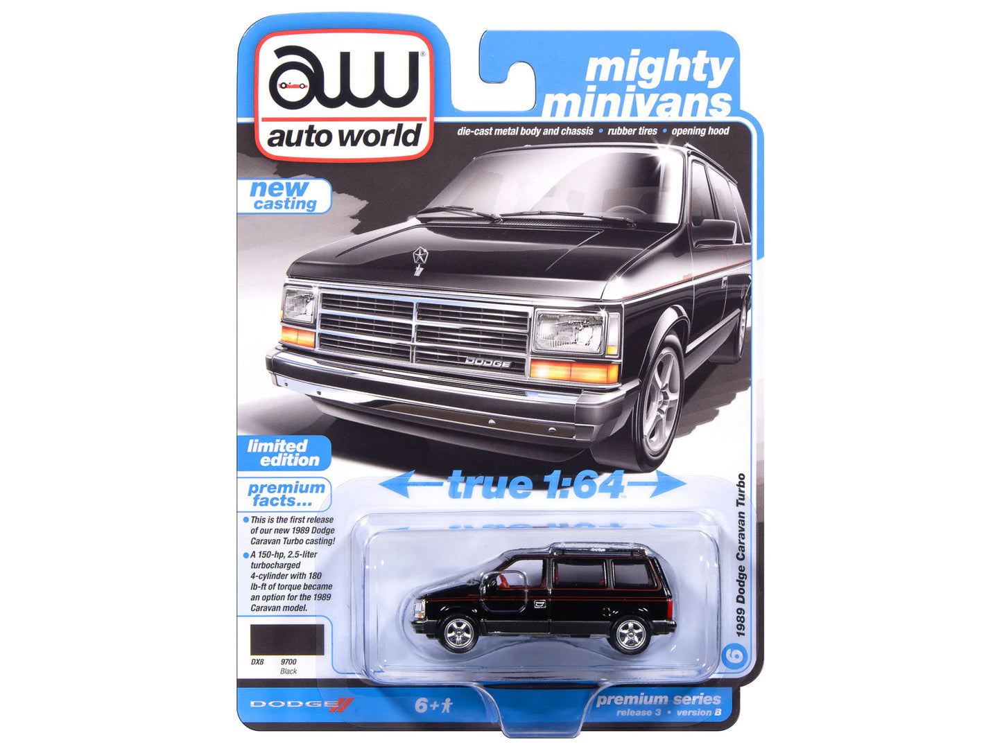 1989 Dodge Caravan Turbo Van Black with Red Stripes and Interior "Mighty Minivans" Series 1/64 Diecast Model Car by Auto World