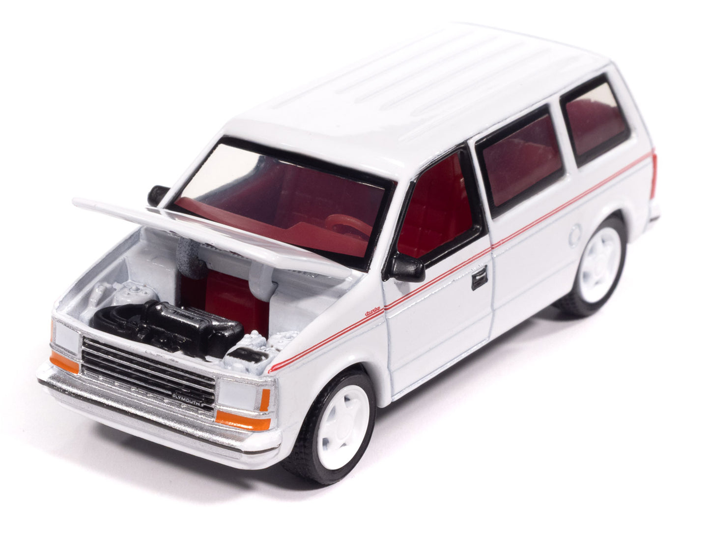 1989 Plymouth Voyager Turbo Van Bright White with Red Stripes and Interior "Mighty Minivans" Series 1/64 Diecast Model Car by Auto World