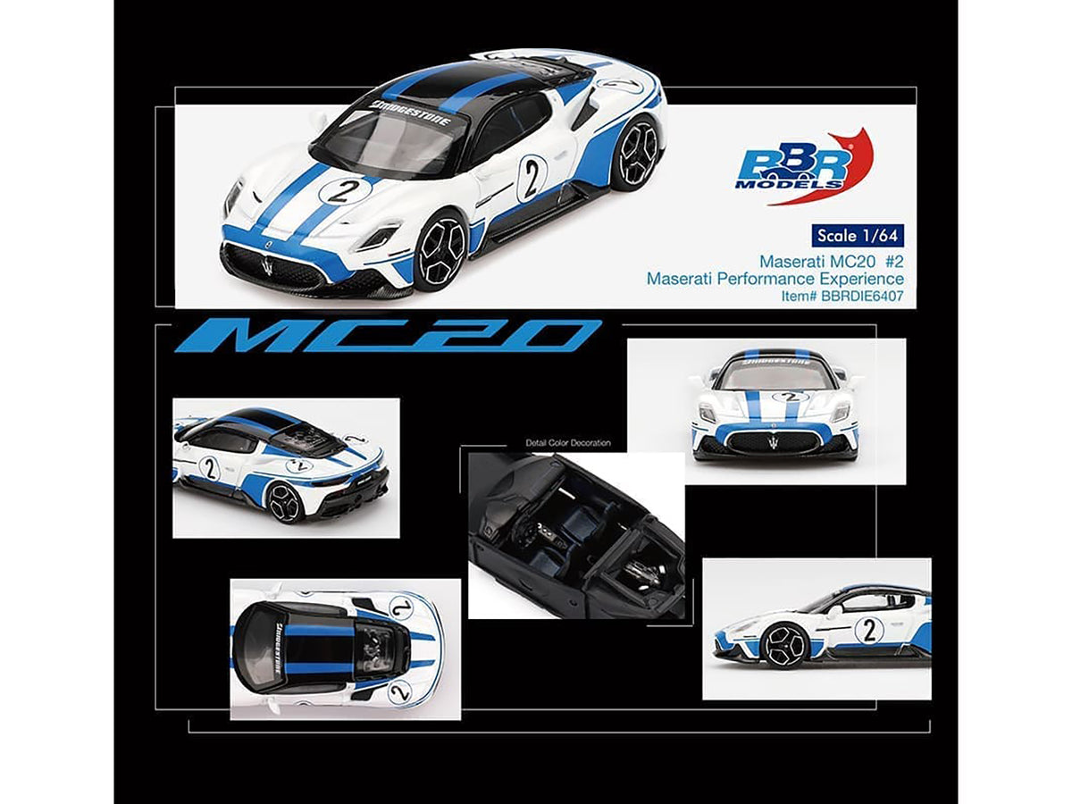 Maserati MC20 #2 White with Blue Stripes & Black Top 1/64 Diecast by BBR