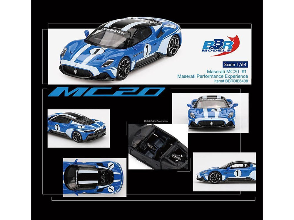 Maserati MC20 #1 Blue with White Stripes & Black Top 1/64 Diecast by BBR