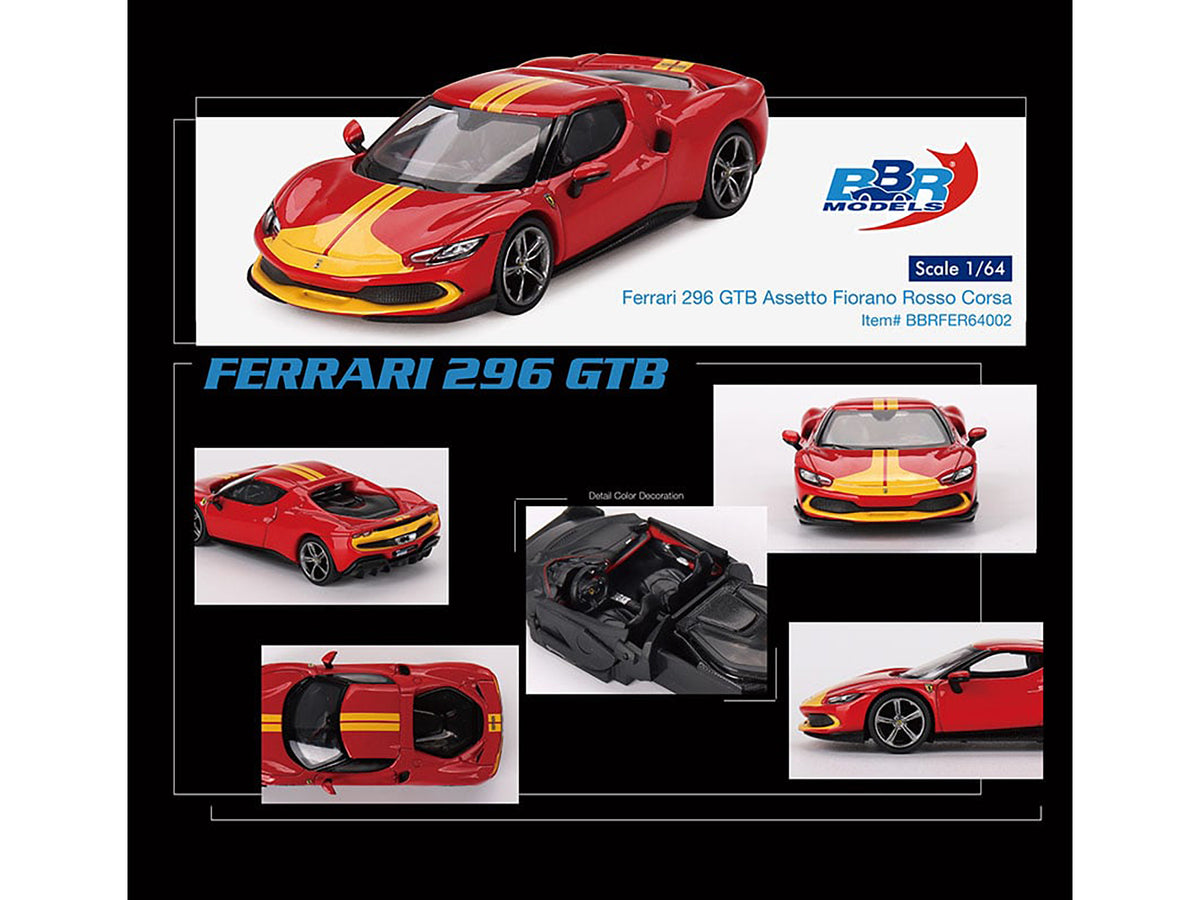 Ferrari 296 GTB Assetto Fiorano Rosso Corsa Red with Yellow Stripes 1/64 Diecast