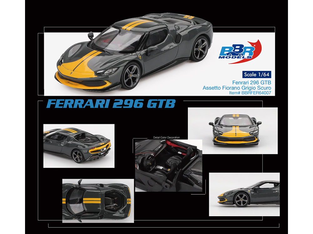 Ferrari 296 GTB Assetto Fiorano Grigio Scuro with Yellow Stripes 1/64 Diecast
