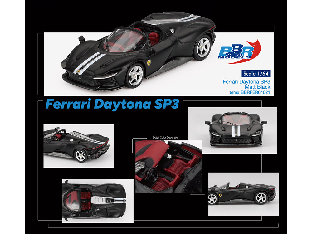 Ferrari Daytona SP3 Matt Black with White Stripes and Red Interior 1/64 Diecast Model Car by BBR