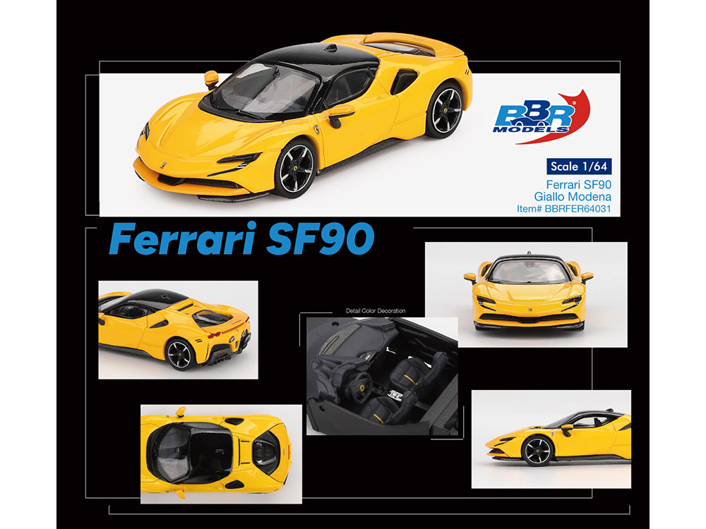 Ferrari SF90 Giallo Modena Yellow with Black Top 1/64 Diecast Model Car by BBR