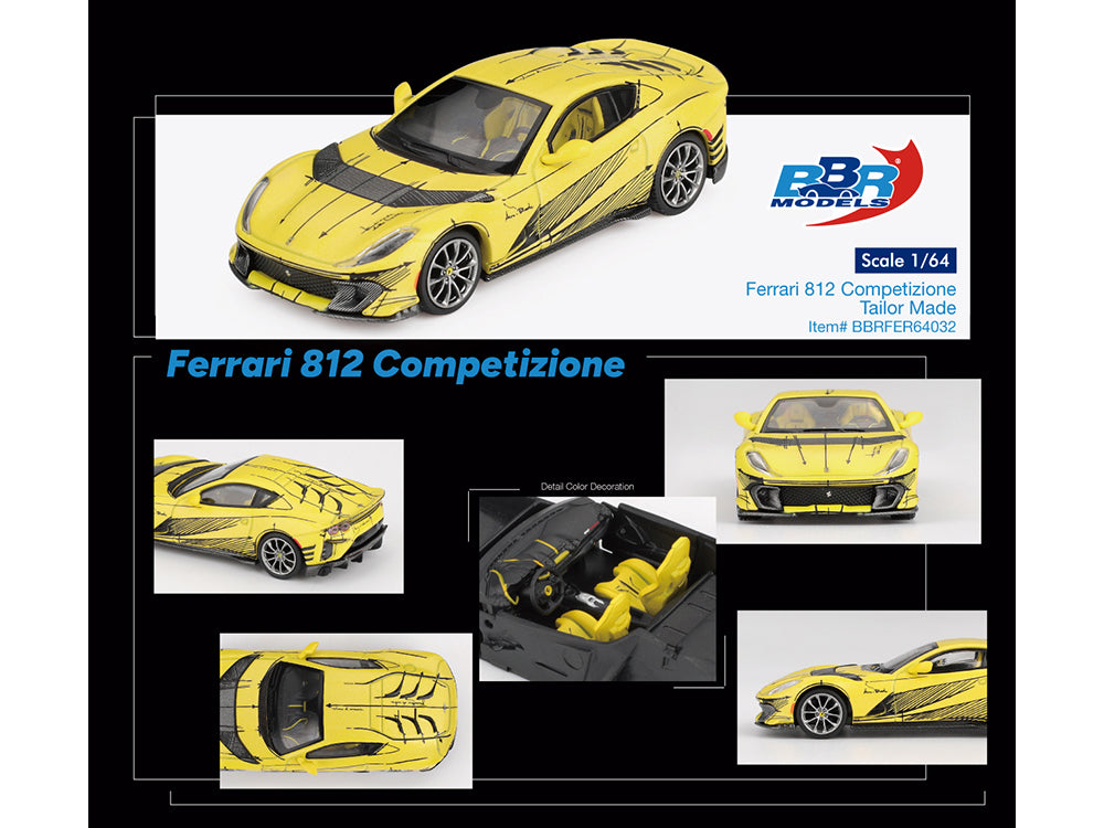 Ferrari 812 Competizione Matt Yellow with Graphics and Yellow Interior "Tailor Made" 1/64 Diecast Model Car by BBR