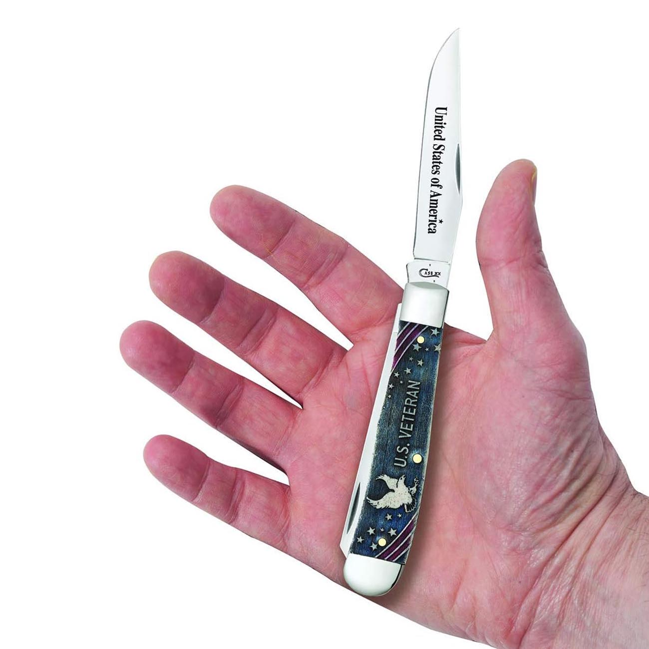 Case Knives U.S. Veteran Gift Set Embellished SG Smooth Natural Bone with Blue/Red Color Wash Trapper