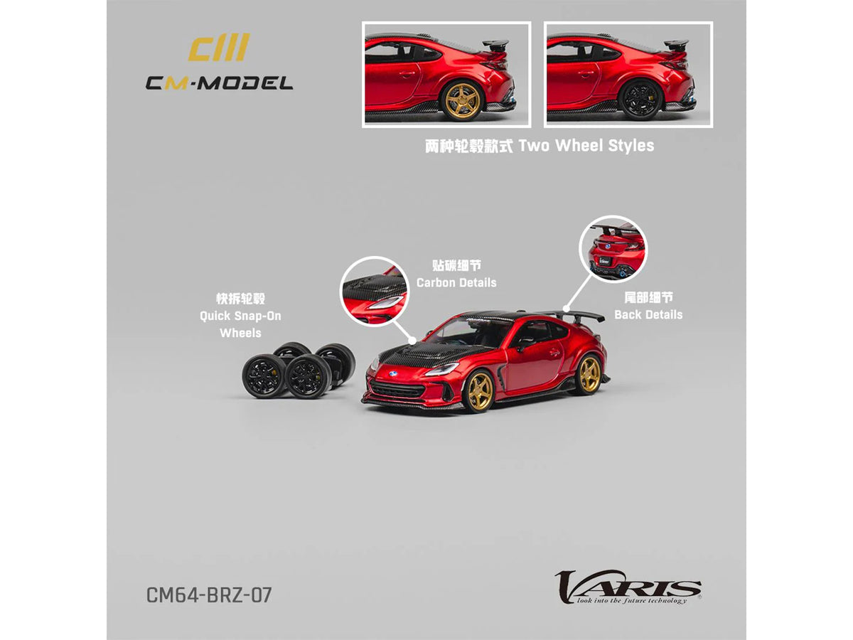 Subaru BRZ Varis Arising-1 RHD Red Carbon Hood Top Extra Wheels 1/64 Diecast