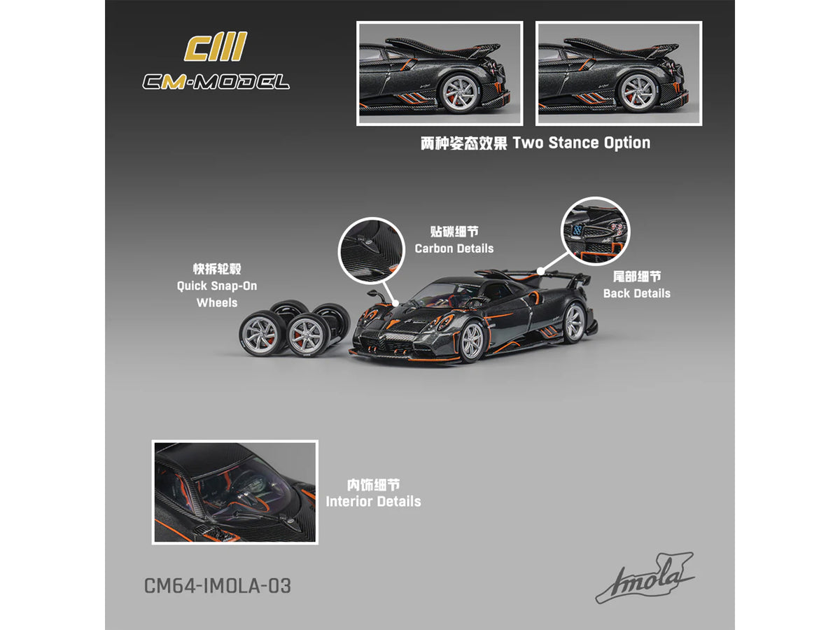 Pagani Imola Dark Gray Metallic Carbon Orange Accents Extra Wheels 1/64 Diecast