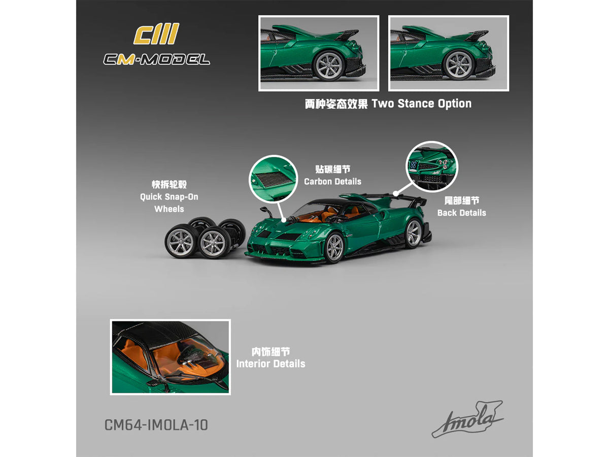 Pagani Imola Emerald Green Metallic with Carbon Top Extra Wheels 1/64 Diecast