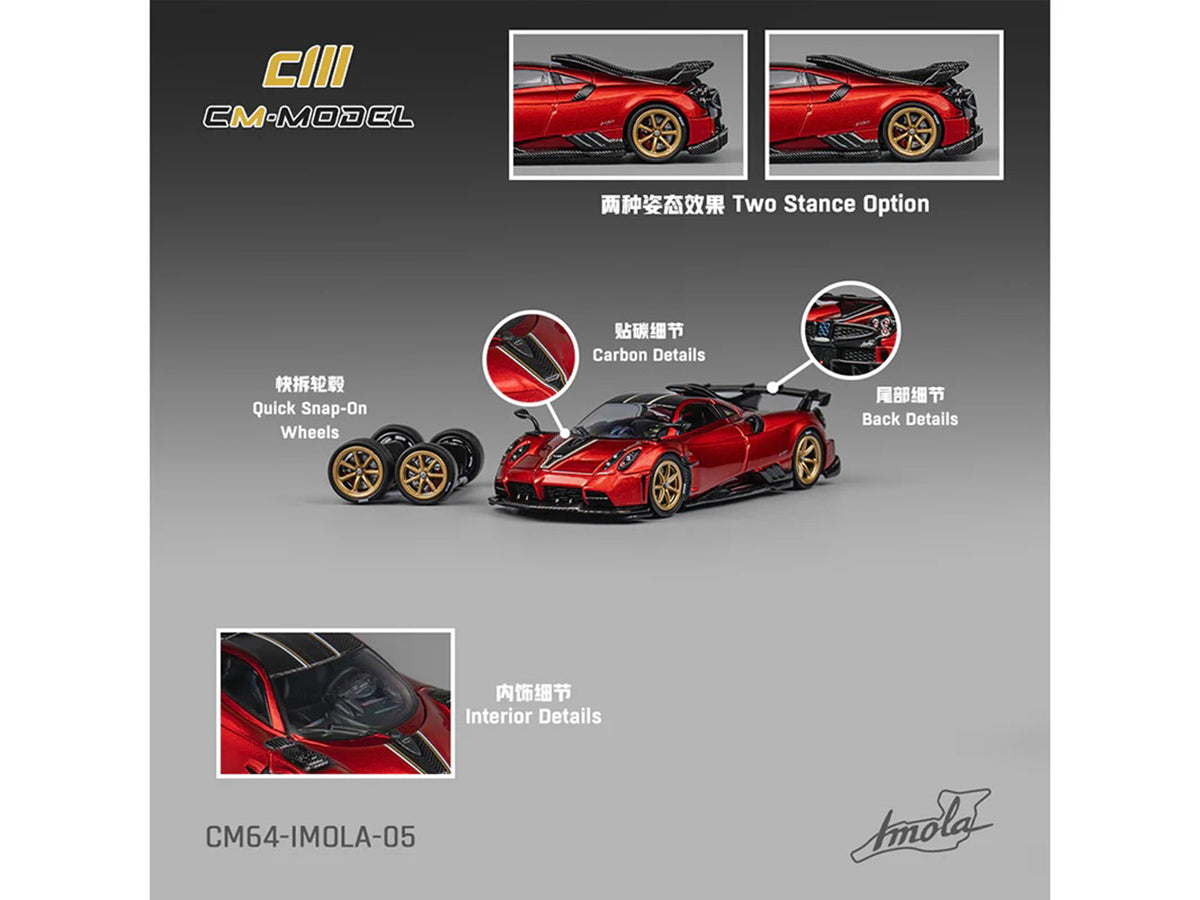 Pagani Imola Red Metallic with Carbon Top and Stripes Extra Wheels 1/64 Diecast