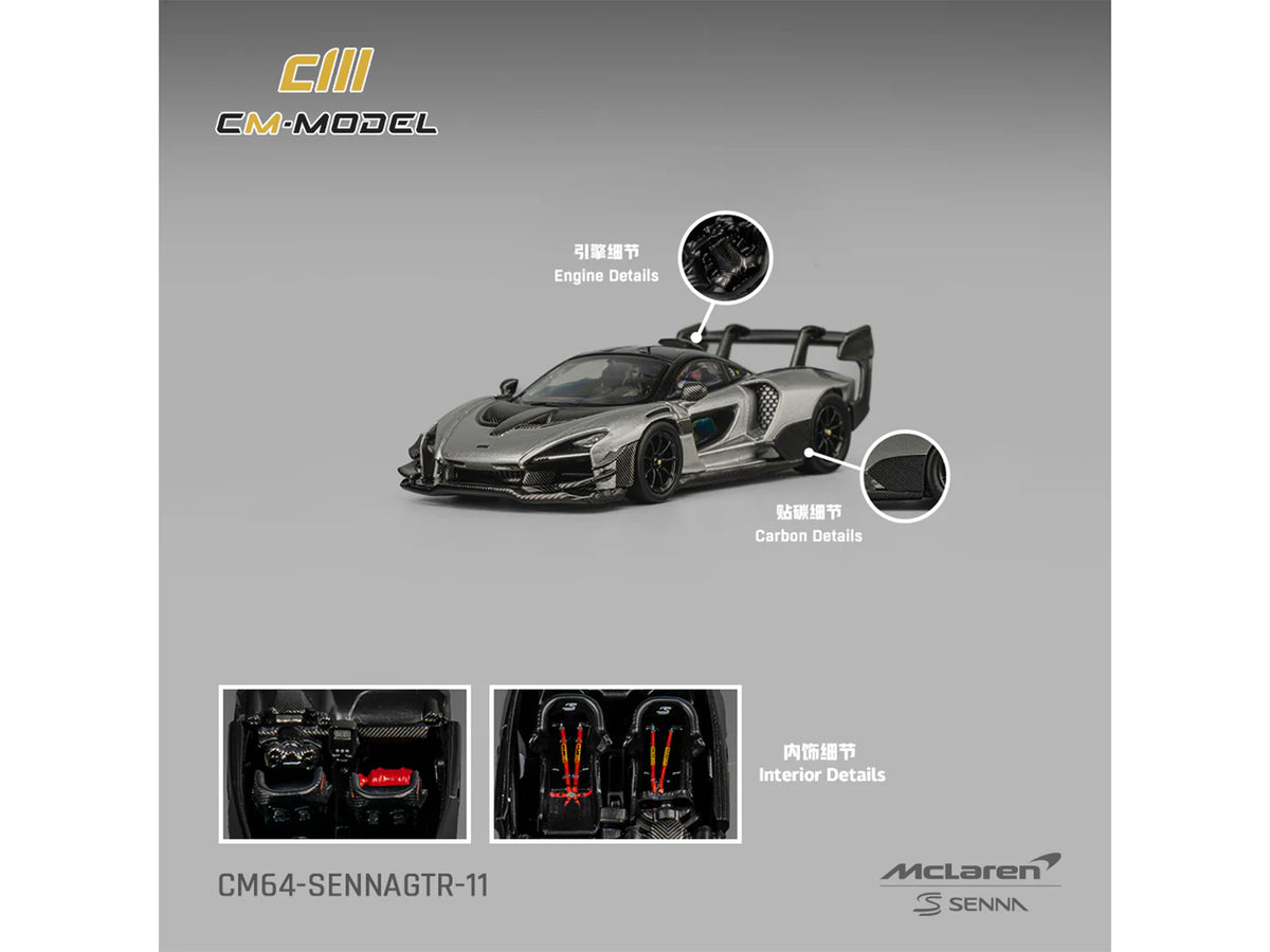 McLaren Senna GTR Silver Gray Metallic with Carbon Hood & Black Top 1/64 Diecast
