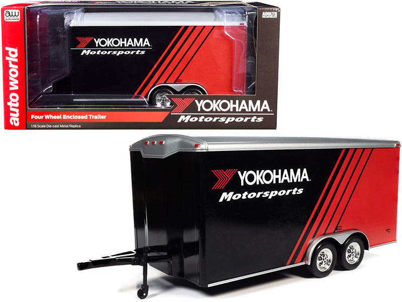 Four Wheel Enclosed Car Trailer Black and Red for 1/18 Scale Model Cars