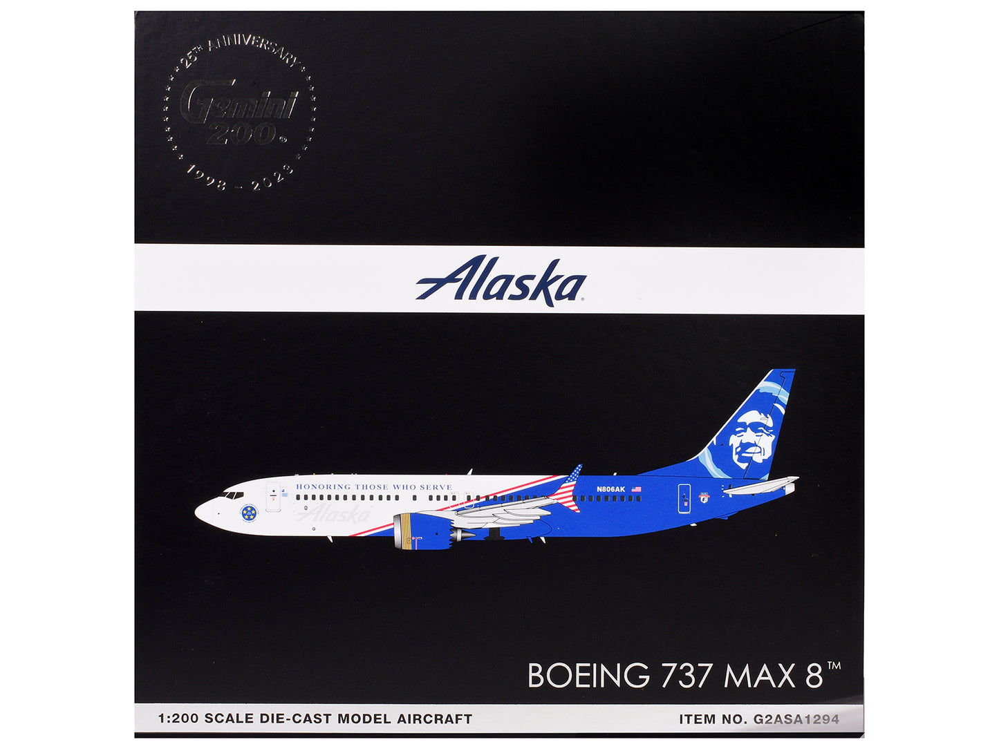 Boeing 737 MAX 8 Commercial Aircraft "Alaska Airlines - Honoring Those Who Serve" (N806AK) White and Blue "Gemini 200" Series 1/200 Diecast Model Airplane by GeminiJets <h2>Boeing GeminiJets</h2> <p>H