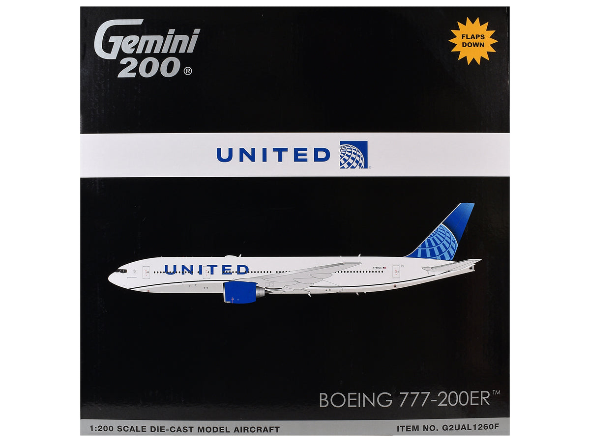 Boeing 777-200ER Commercial Aircraft with Flaps Down "United Airlines" (N798UA) White with Blue Tail "Gemini 200" Series 1/200 Diecast Model by GeminiJets