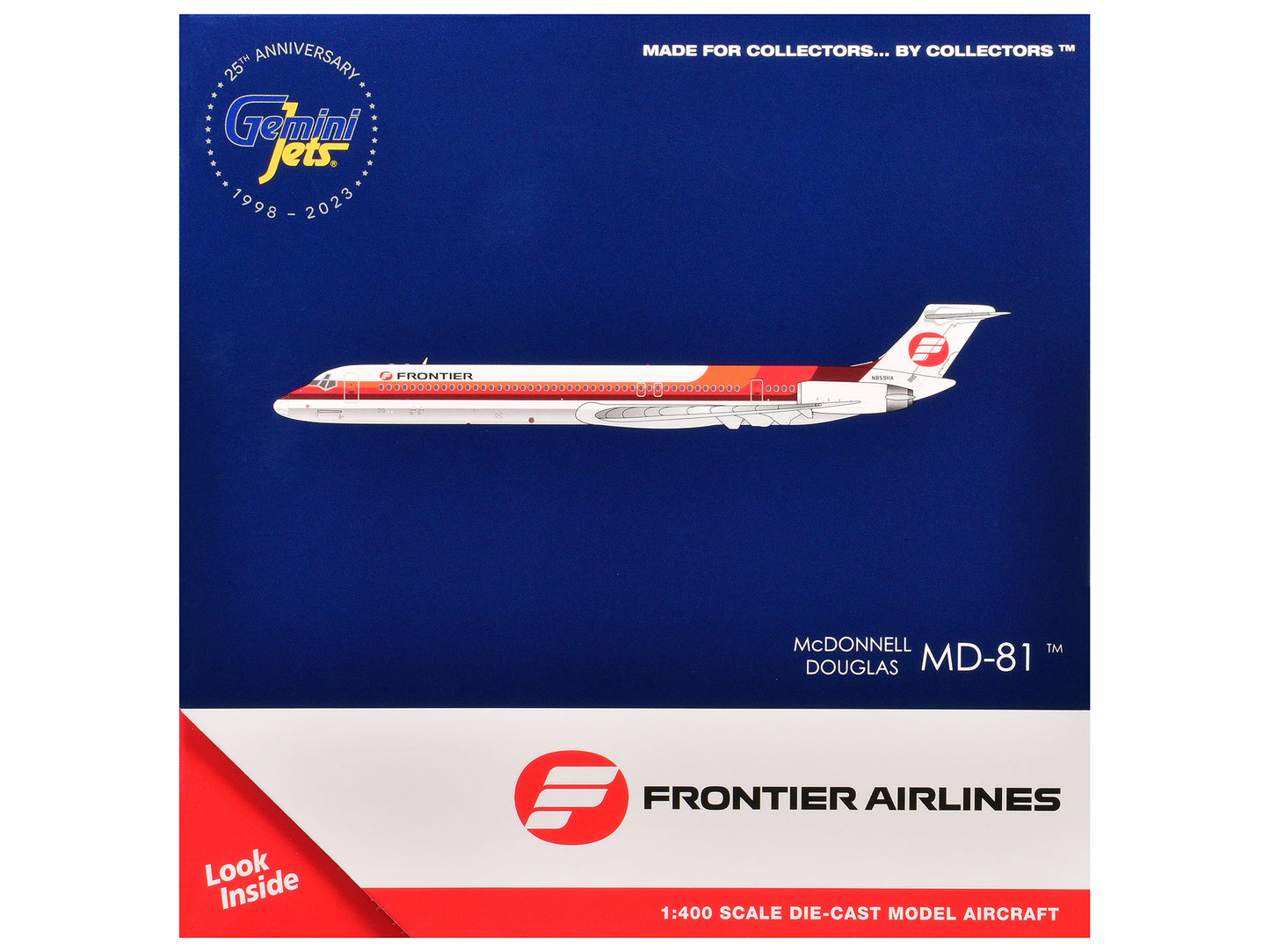 McDonnell Douglas MD-81 Commercial Aircraft "Frontier Airlines" (N859HA) White with Stripes 1/400 Diecast Model Airplane by GeminiJets <h2>McDonnell GeminiJets</h2> <p>High-quality car perfect for col