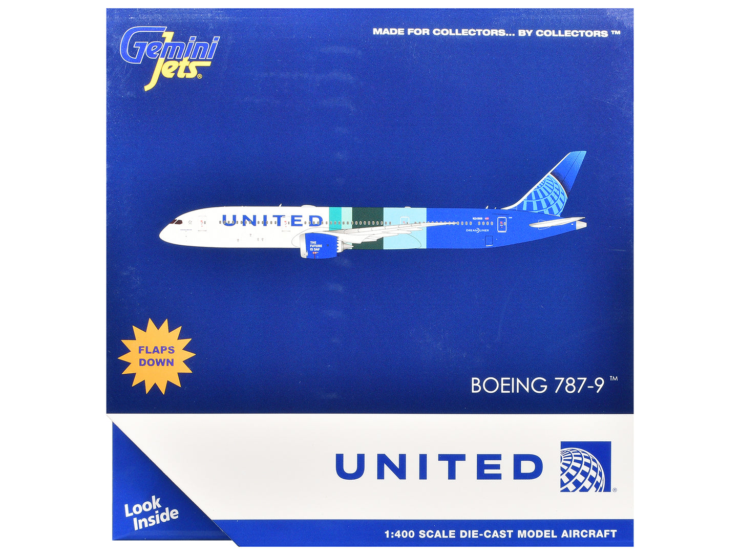 Boeing 787-9 Commercial Aircraft with Flaps Down "United Airlines - The Future is SAF" (N24988) White and Blue Stripes 1/400 Diecast Model Airplane by GeminiJets <h2>Boeing GeminiJets</h2> <p>High-qua