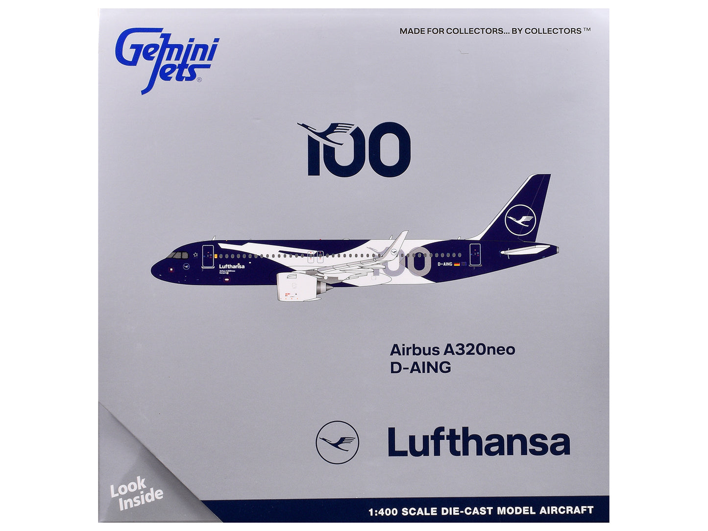 Airbus A320neo Commercial Aircraft "Lufthansa 100th Anniversary" (D-AING) White and Dark Blue 1/400 Diecast Model Airplane by GeminiJets