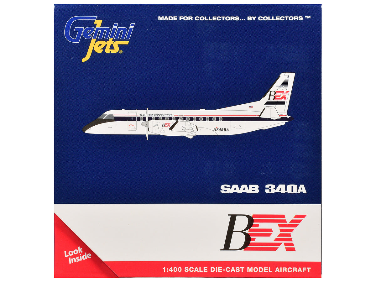 Saab 340A Commercial Aircraft "Business Express Airlines - The Delta Connection" (N749BA) White with Blue and Red Stripes 1/400 Diecast Model by GeminiJets