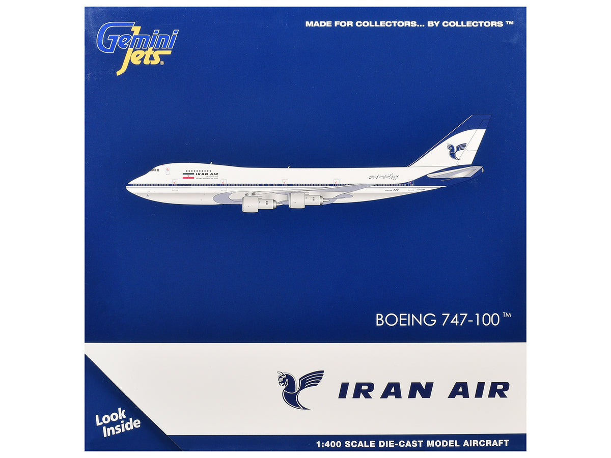 Boeing 747-100 Commercial Aircraft "Iran Air" (EP-IAM) White with Blue Stripes 1/400 Diecast Model by GeminiJets