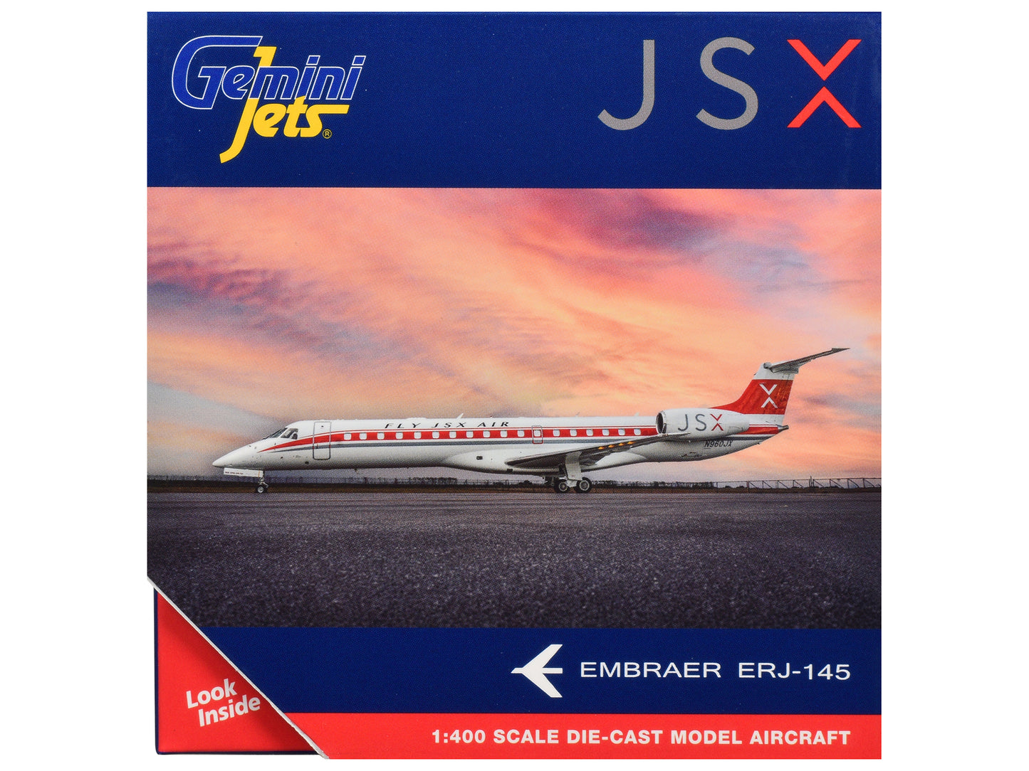 Embraer ERJ-145 Commercial Aircraft "JSX" (N960JX) White with Red Stripes and Tail 1/400 Diecast Model Airplane by GeminiJets <h2>Embraer GeminiJets</h2> <p>High-quality car perfect for collectors ent