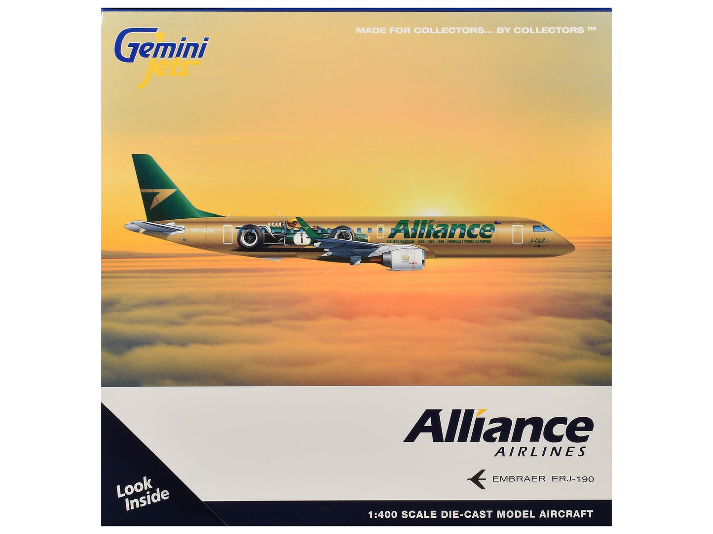 Embraer ERJ-190 Commercial Aircraft "Alliance Airlines - Sir Jack Brabham" (N7620U) Gold Metallic with Graphics 1/400 Diecast Model Airplane by GeminiJets <h2>Embraer GeminiJets</h2> <p>High-quality c