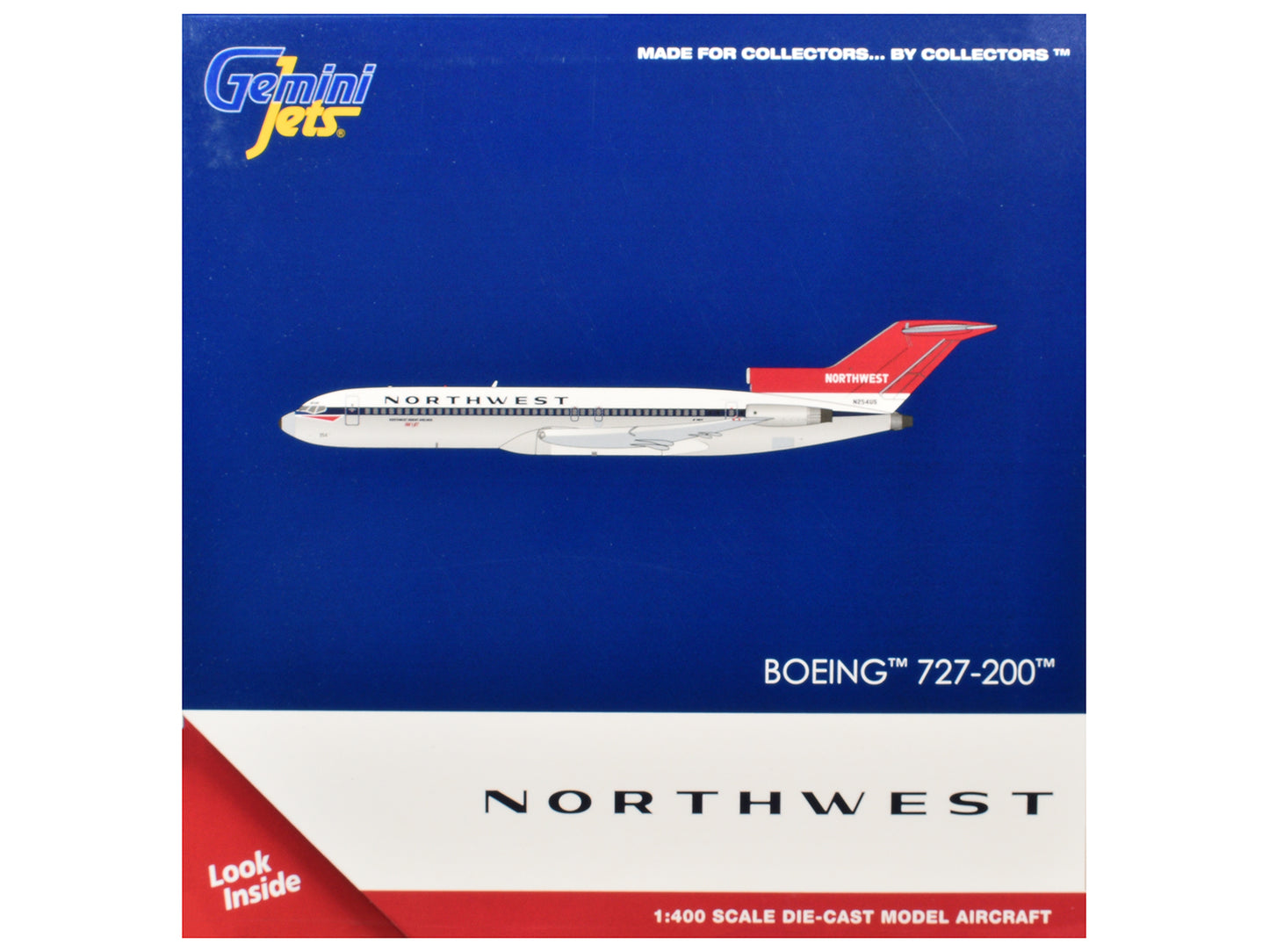 Boeing 727-200 Commercial Aircraft "Northwest Airlines" (N254US) White with Blue Stripes and Red Tail 1/400 Diecast Model by GeminiJets