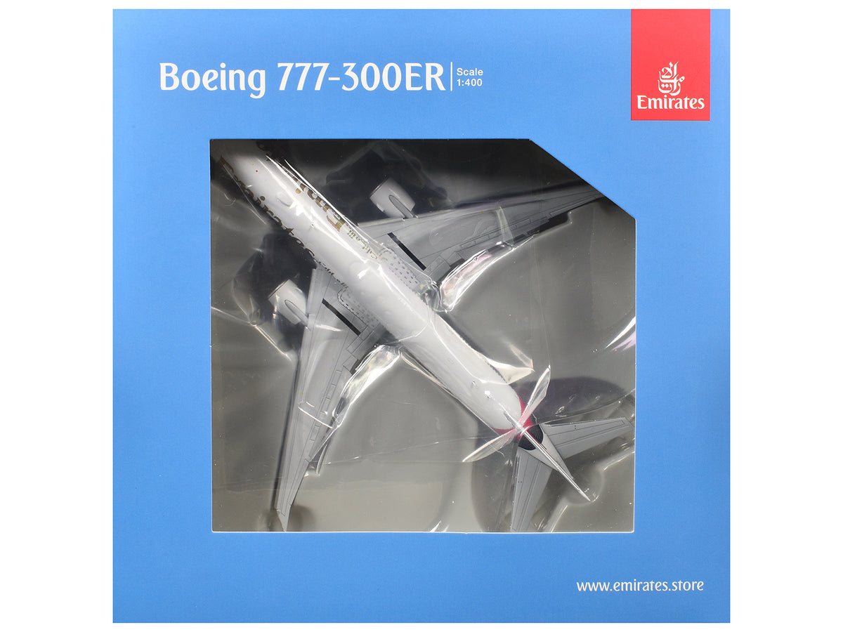 Boeing 777-300ER Commercial Aircraft with Flaps Down "Emirates Airlines" (A6-EQH) White with Striped Tail 1/400 Diecast Model by GeminiJets