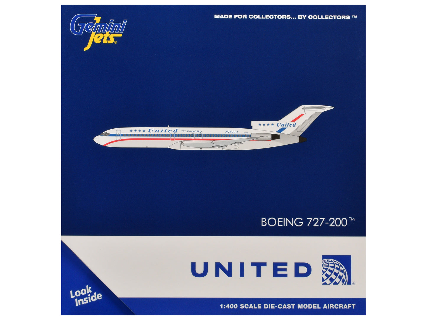 Boeing 727-200 Commercial Aircraft "United Airlines - Stars & Bars/Friend Ship" (N7620U) White with Red and Blue Stripes 1/400 Diecast Model Airplane by GeminiJets